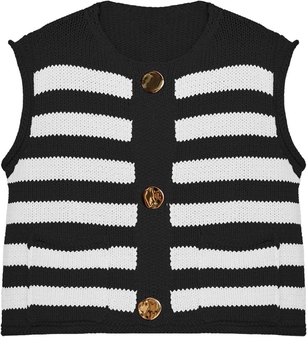 Locachy Women's Gold Button Down Striped Sweater Vests Crew Neck Sleeveless Knit Crop Tank Tops Black XL