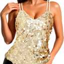 Women's Sequin Tank Tops Fashion Sleeveless V Neck Camisole Sparkle Strappy Halter Shirt for Party Christmas Concert Outfits (Large, Champagne Gold)