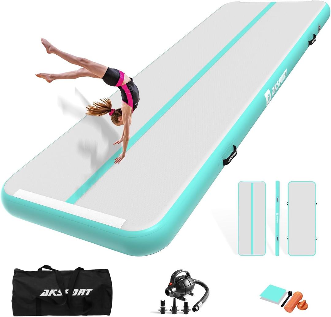 AKSPORT Inflatable Gymnatsics Mat Tumble Track 10ft 13ft 16ft 20ft 23ft Air Tumbling Mat with Air Pump for Home Use/Training/Cheerleading/Yoga (Mint Green)