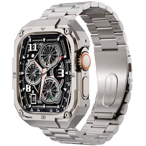 Formal Stainless Steel Band/Case Compatiable for 45mm Apple Watch Band for Men,Metal Apple Watch Bumper Case with Strap for iWatch Band Series 9 8 7,Titanium
