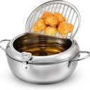 Deep Fryer Pot 304 Stainless Steel Japanese Frying Pot 3.4L/9.4 Inch Tempura Frying Pot with Lid, with Temperature Control Oil Drip Drainer Rack for Fried Chicken, Shrimp, French Chips dip