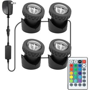 Colored Pond Lights with Timer, RGB Weighted Fountain Light IP68 Waterproof, Dimmable Outdoor Landscape Lights Fish Tank Pond Fountain Garden, 4 in Set