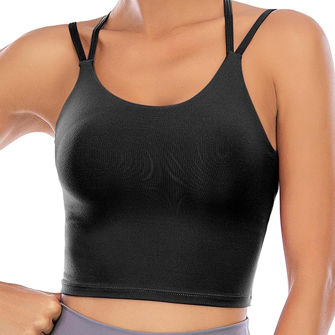 Womens Padded Sports Bra Fitness Workout Running Camisole Crop Top with Built in Bra (Black, M)