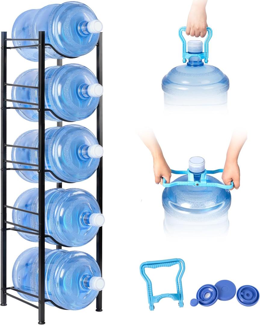 Klvied 5-Tier Heavy Duty Water Jug Organizer, 5 Gallon Cooler Jug Rack for Kitchen, Office, Living Room (Black)
