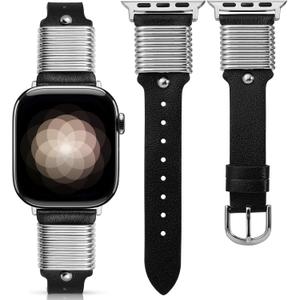 Wearlizer Leather Band Compatible with Apple Watch Bands Women 38/40/41/42mm, Slim Dressy Fancy Designer Leather Strap with Metal Ring Loops for iWatch Series 10 9 Ultra SE 8 7 6 5 4 3 2 1 (Black/Silver), Size: 38/40/41/42mm(Series 10)