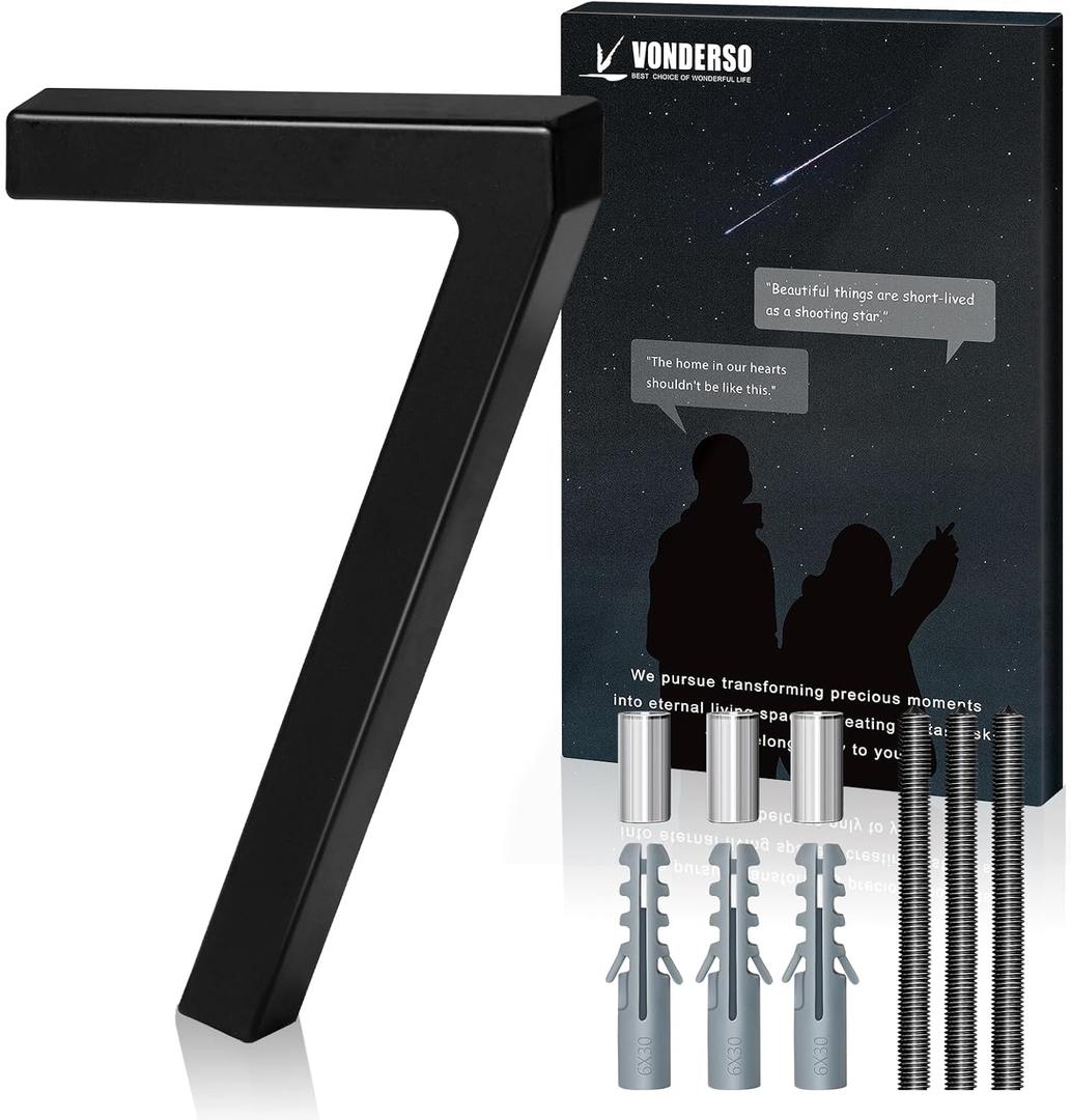 VONDERSO 6 Inch Floating House Numbers and Letters for Outside,Black Metal Modern Outdoor Address Sign for Yard Street and Mailbox, Zinc Alloy Solid Address Numbers and Letters, number 7