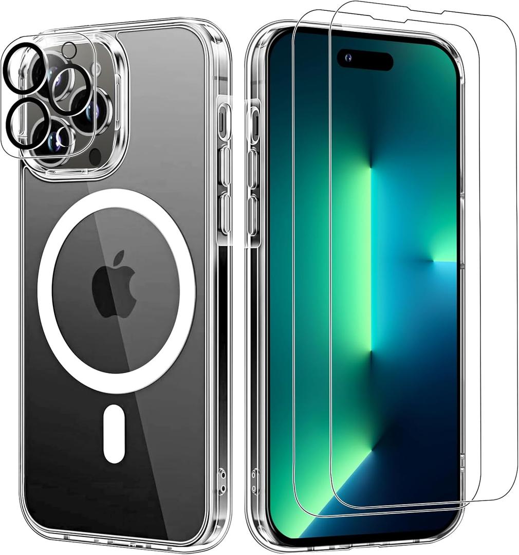 5-in-1 Magnetic Case for iPhone 13 Pro Max 6.7 Inch with 2-Pack Tempered Glass Screen Protector and Camera Lens Protector with MagSafe - (Clear)