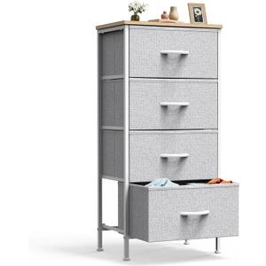 DUMOS Nightstand with 4 Drawers Bedside Table with Removable Fabric Bins Sturdy Steel Frame Wood Top Organizer Furniture for Bedroom Closet Living Room,Light Gray, 11.82"d X 17.71"w X 37.4"h