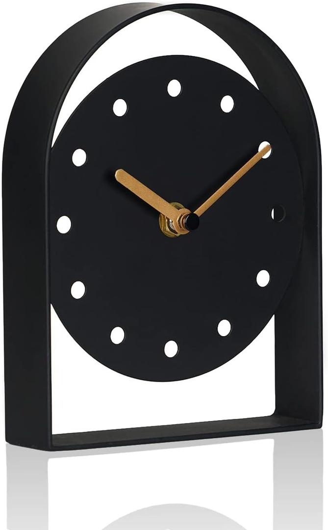 SOFFEE DESIGN One-Piece Tabletop Clock Arched Frame Without Scale Modern Minimalist Design, Desk Clock Battery Operated Non Ticking for Office Bedroom Living Room, Black