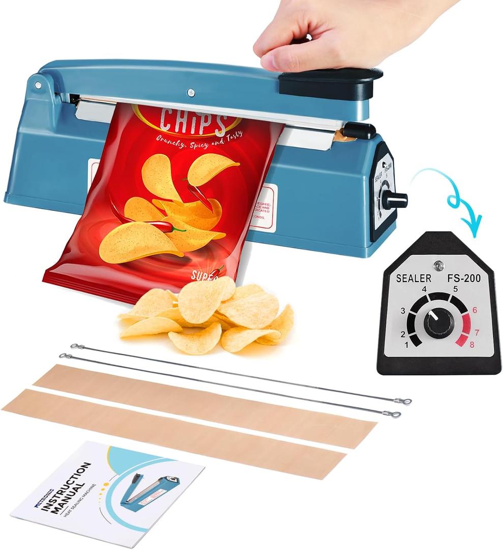 METRONIC Impulse Heat Sealer 8 Inch, Manual Bags Sealer Heat Sealing Machine Impulse, Sealer Machine for Plastic Bags PE PP Bags with Extra Replace Element Grip (Blue)