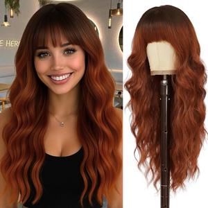 Long Ginger Wigs with Bangs 26Inch Wavy Curly Hair for Women Tangle Free Soft Natural Looking Premium Heat Resistant Protein Fiber Daily Party Use