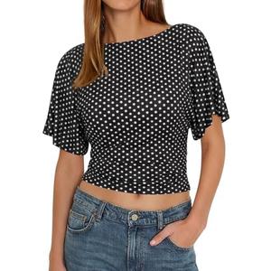 Cicy Bell Womens Summer Wrap Tops Casual Short Sleeve Tie Back Cinched Waist T Shirts Trendy Boat Neck Blouse, Small