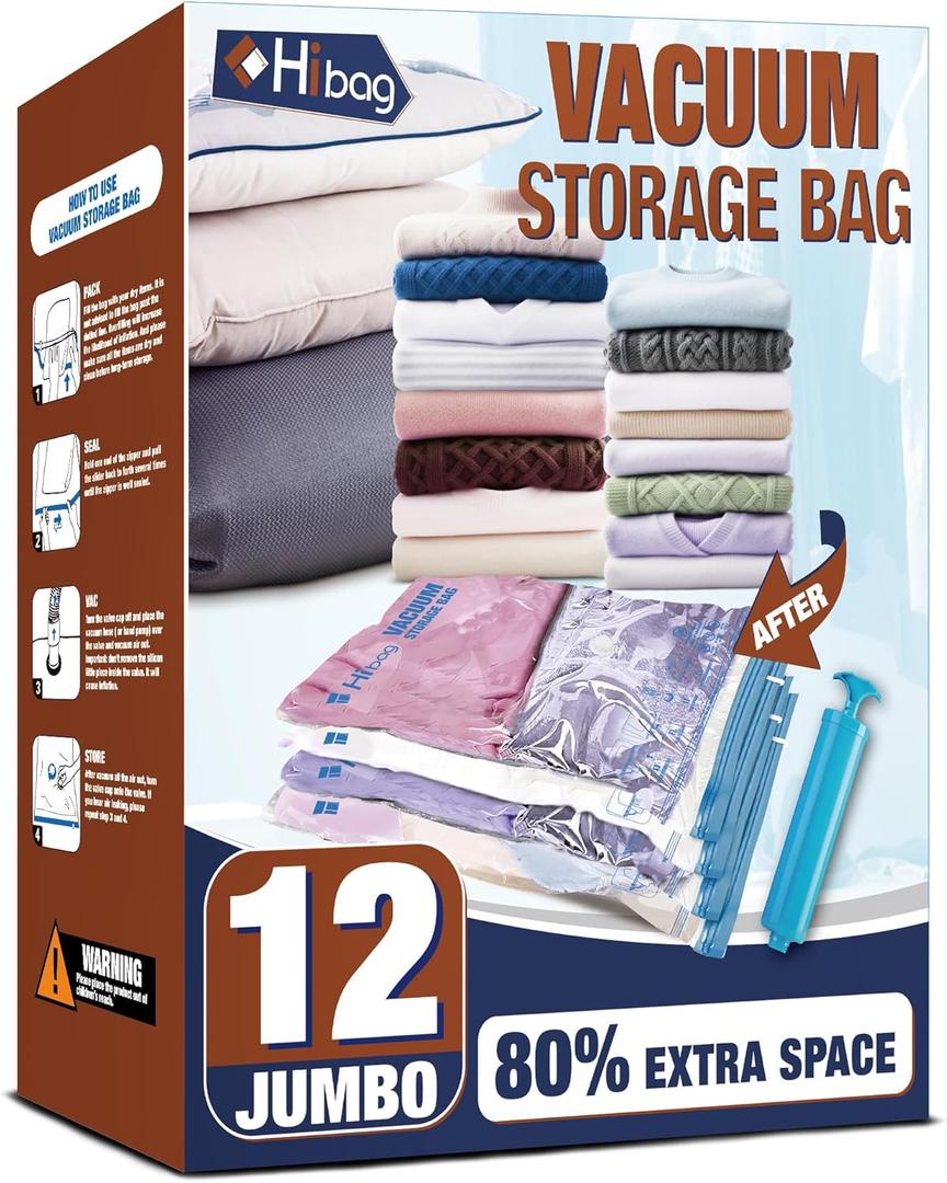 HIBAG Vacuum Storage Bags, 12 Jumbo Vacuum Seal Bags for Clothing, Space Bags for Clothes, Comforters, Blankets, Bedding (12J)