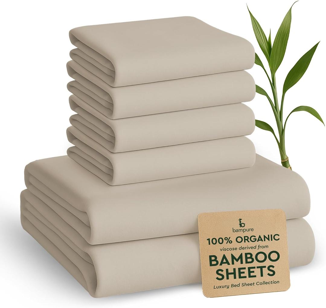 BAMPURE 6 Pcs Queen Sheet Set - 100% Pure Viscose derived from Bamboo Queen Size - Super Soft Queen Cooling Sheets for Hot Sleepers - Up to 16 Deep Pocket Queen Sheets (Beige)