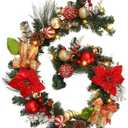 LinTimes Christmas Garland with Lights, Pre-lit Red Garland Decoration with 20 LEDs, Battery Operated Garland with Red Flowers Ball Ornaments Gold Bow, Mantle Fireplace Holiday Party Decoration