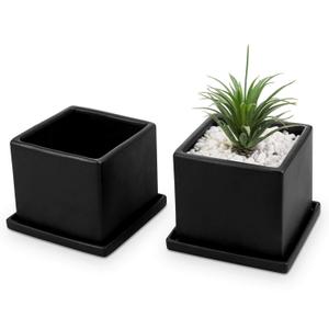 MyGift Modern Black Ceramic Small Plant Pot, Decorative Square Flower Succulent Planter, Set of 2