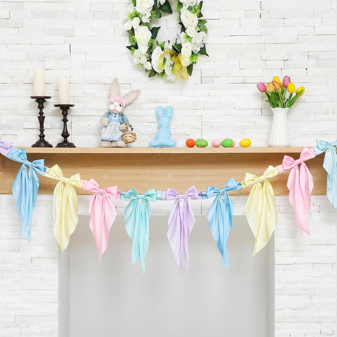 VitalCozy Pastel Bow Garland Banner, Satin Ribbon Hanging Party Bow Garland Decoration for Birthday Baby Shower Wedding Party Supplies