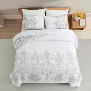 Sunshine Nicole Reversible Comforter Set, Brushed Microfiber Fabric with Embroidery for Front and Printed Microfiber Fabric for Reverse, 3 Pieces Grey White Queen