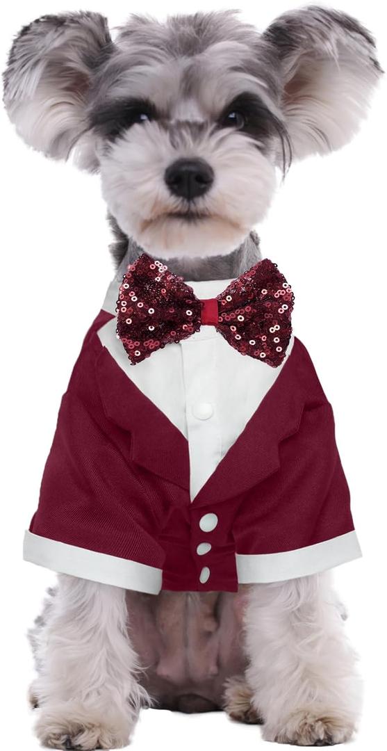 Kuoser Dog Tuxedo, Formal Dog Costume with Bow Tie Pet Wedding Suit Party Birthday Outfit, Dogs Tux Soft Shirt for Valentines Christmas Halloween Graduation Cosplay, Burgundy Xl(chest-19.29",weight:12-18lb), Burgundy