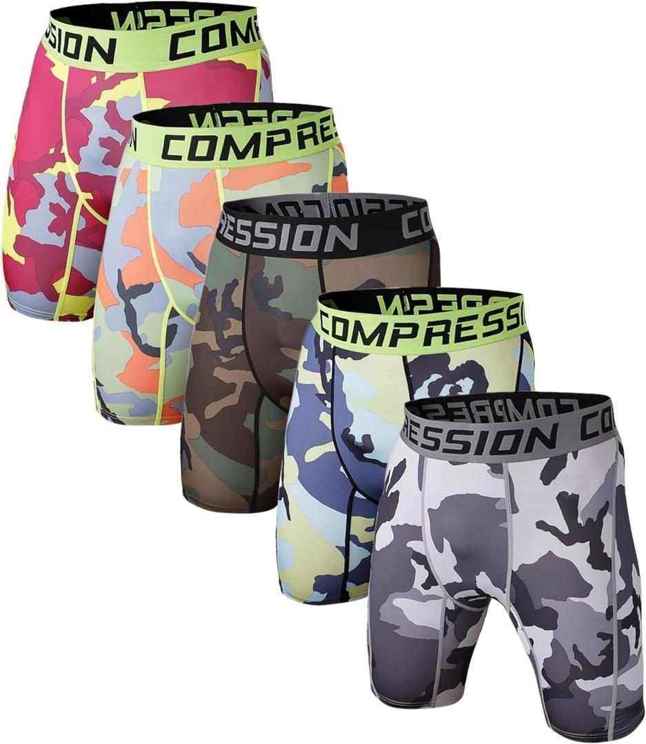Holure Men's Performance Compression Shorts Athletic Workout Running Underwear (3 or 5 Pack) (Small, 5 Pack:camo-red/ Orange/ Grey/ Green/ Blue)
