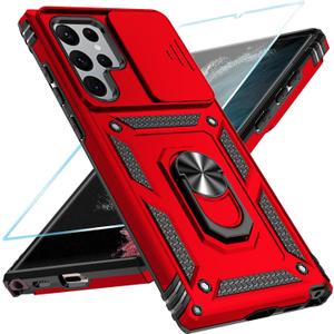SunStory Phone Case for Samsung Galaxy S22 Ultra 5G Case with HD Screen Protector & Slide Camera Cover & Rotated Ring Kickstand, [Military-Grade] [2 in 1] Phone Case for Galaxy S22 Ultra 6.8",Red