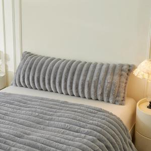 MEGO Fluffy Faux Rabbit Fur Body Pillow Cover, Cozy Plush Fuzzy Wide Striped 20x54 Body Pillowcase with Zipper, Home Decorative Shaggy Furry Ribbed Bedroom Long Pillow Cover Bed Couch Sofa, Light Grey