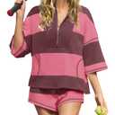 Panadila Women Striped Workout Set Two Piece Outfit Tracksuit Oversized Lounge Set Top and Shorts Sets with Pockets, XS