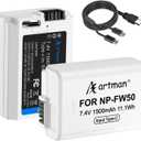 Artman NP-FW50 Replacement Battery 2-Pack 1500mAh with Upgraded Type-C Charging for Sony ZV-E10, A7S II, A7S, A7R II, A7R, A7 II, A7, Alpha A6500 A6400 A6300 A6000 A5100 A5000, RX10 II III IV Cameras