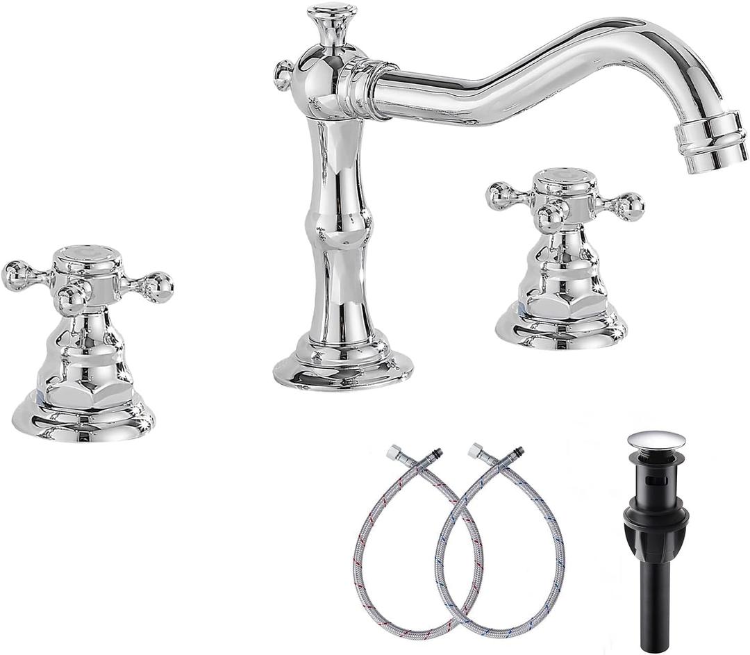 GGStudy Two Handles Three Holes Faucet 8-16 inch Widespread Bathroom Sink Faucet Chrome Basin Mixer Tap Matching Metal Pop Up Drain with Overflow