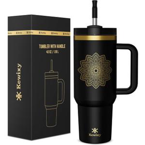 40 oz Tumbler With Handle and Straw, Gloss Insulated Travel Tumbler, Fits in Cup Holder, Travel Coffee Mug with Lid, Included Leak Proof Straw Cover -Petal Focus