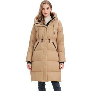 Women’s Thick Long Goose Down Coat Hooded Warm Winter Down Puffer Parka Jacket with Knee-Length Coverage (Beige, S)