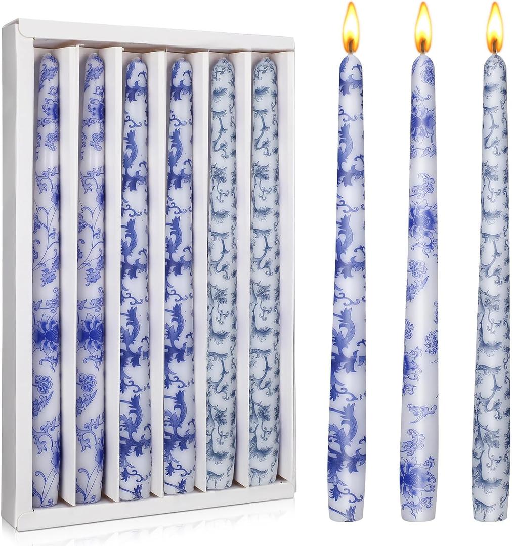 Nuanchu 6 Pcs Chinoiserie Taper Candles 10 Inch Blue and White Decorative Candlesticks Religious Advent Candles for Home Church Wedding Party