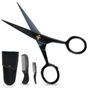 Ontaki 5" Professional German Beard & Mustache Scissors with 2 Comb & Carrying Pouch for Men - Bevel Edge for Precision - Facial Hair Grooming Kit All Body Hair - Black - Beard Trimming Scissors
