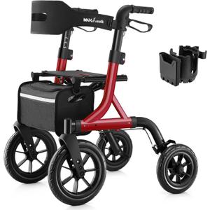 Walkers for Seniors, Rollator Walker with Seat, 12" Big Rubber Wheels All Terrain Rollator Walker with Backrest, Built-in Cable, Cup Holder, Foldable and Height Adjustment for Seniors, Red