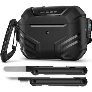MOBOSI for AirPods Pro 2 Case with Lock, Compatible with AirPod 2nd Gen Cover [Fit for MagSafe], Military Grade Hard Shell for iPods Pro2 with Cleaner Kit & Keychain for Men(2023), Black
