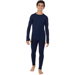 Cuddl Duds Boys Heavyweight Cold Weather Fleece Lined Thermal Set  Long Sleeve Shirt & Leggings  Long Johns for Kids (Medium, Peacoat Navy)