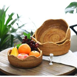 Handmade Rattan Round Fruit Basket Food Storage Organizer Snack Serving Tray Basket with 3' Deep Wall, Boho Decor Display Tray Bowl (3-Size Kit)