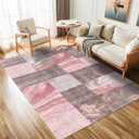57 Washable Modern Area Rugs,Checkered Abstract Neutral Non-Slip High Traffic Large Carpet for Office,Living Room,Bedroom,Dining Room and Farmhouse,Girls Room,Pink Brown Grey