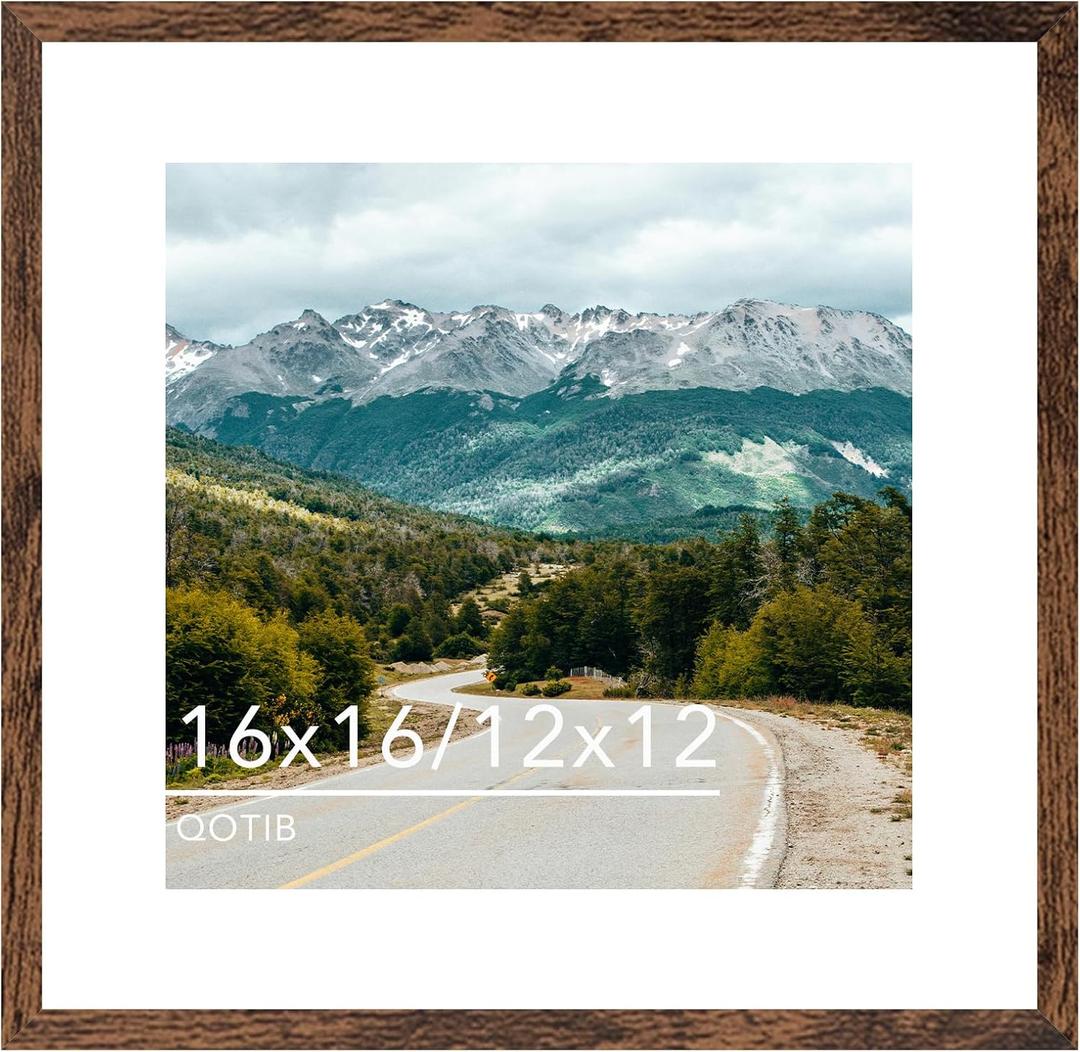 Wood 16x16 Picture Frame with 12x12 Mat Deep Brown, Display 12x12 with Mat or 16x16 without Mat, Wood 16 by 16 Photo Frame, 16 x 16 Frame for Wall Hanging Display, Deep Brown