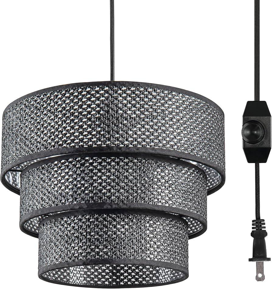 Lamp Shades for Floor Lamps Pendant Light Replacement, 3-Tier Drum Lamp Shade with Rattan Woven for Living Room Dining Hall Bedroom (Black)