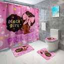 African American Bathroom Set - Black Girl Shower Curtain Rugs Toilet Lid Cover and U Shape Mat 4PCS Decor Bath Sets with 12 Hooks, 70"x70"