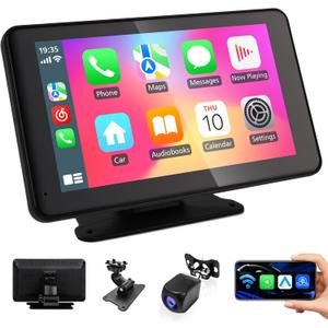 Portable Wireless Carplay Car Stereo, 7 inch HD Touchscreen for All Vehicles,with Apple CarPlay & Android Auto with Backup Camera/Mirror Link/Voice Control/Bluetooth/GPS/AUX/FM Satellite Radio