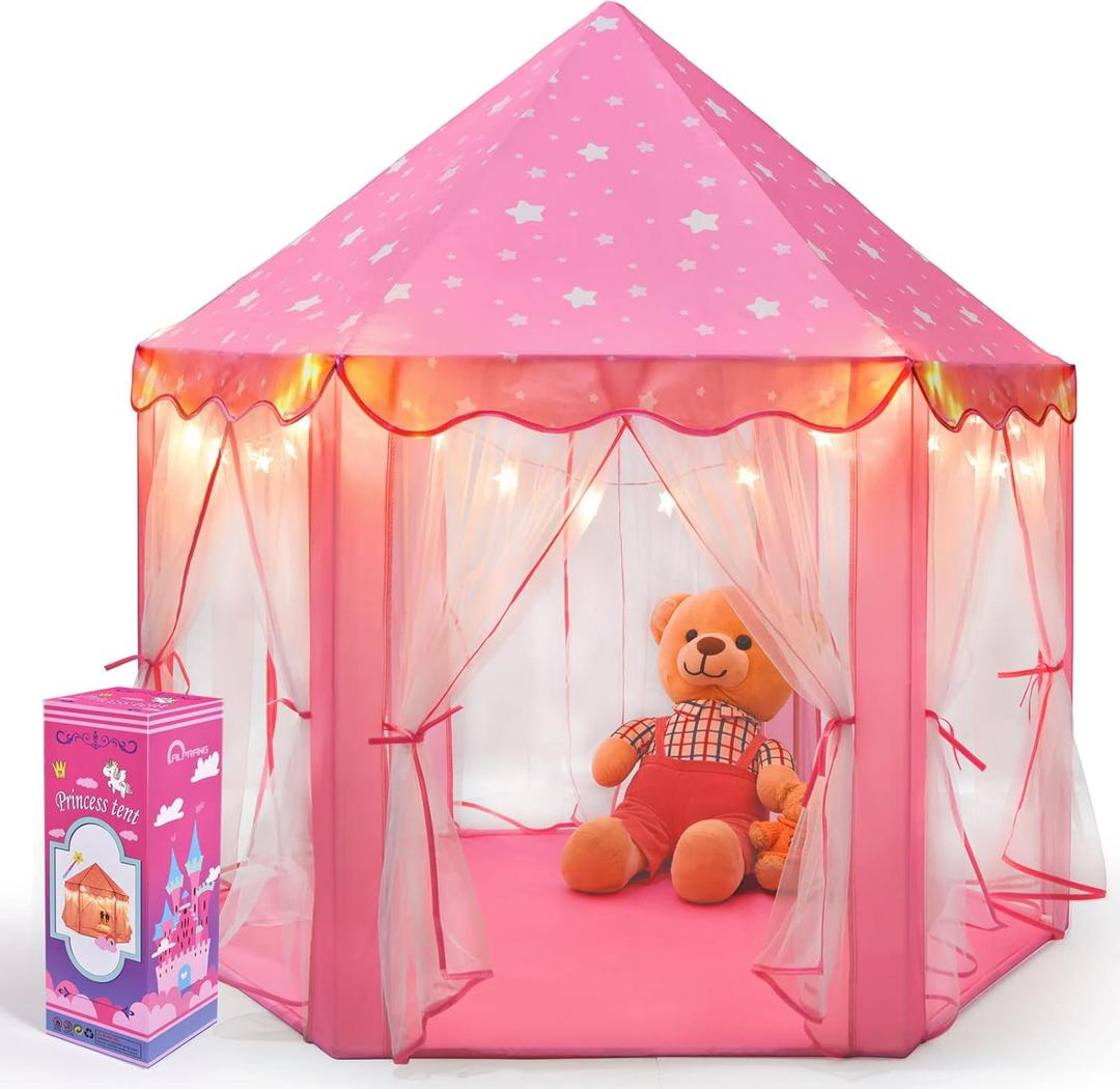 Princess Castle Play Tent Girls Tents Indoor Playhouses with Star Lights Girls Boys Toys for Indoor Outdoor Games Large Size Pink 55'' X 54'' (DxH) (PT-01)