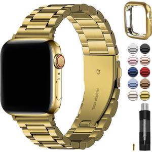 Fullmosa Metal Band Compatible with Apple Watch Bands 45mm 44mm 42mm, iWatch Band with Case for Apple Watch Series 9 8 7 6 5 4 3 2 1 SE3/2/1, Golden