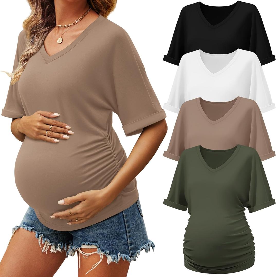Oakgarden 4 Pack Women's Maternity Shirts V Neck Half Sleeve Tunic Blouse Side Ruched Cotton Tee Tops Pregnancy Clothes(Army Green, Khaki, White, Black, XX-Large)
