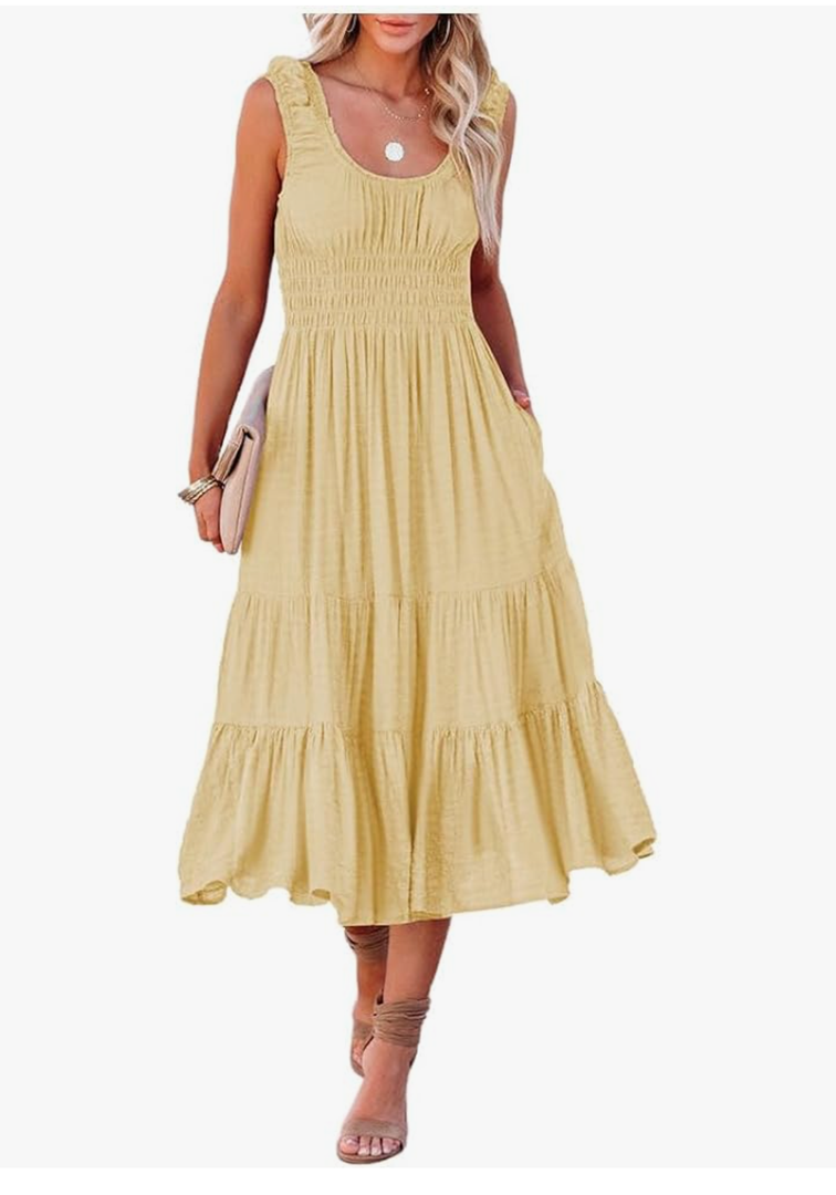 Melliflo Womens Smocked Ruched Sleeveless High Waist Pocket Solid Dress 2024 Fashion Casual Summer Dress Size M