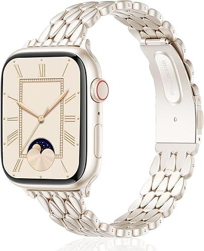 VISOOM Gold Iwatch Bands Compatible With Apple Watch Bands 38/40/41/42/44/45/46mm Women - Thin Metal Dressy Luxury Cute Designer Apple Watch Series 11 10 Se 9 8 7 6 5 4 3 2 1 Bracelet Bands for Women, Color: Starlight-A