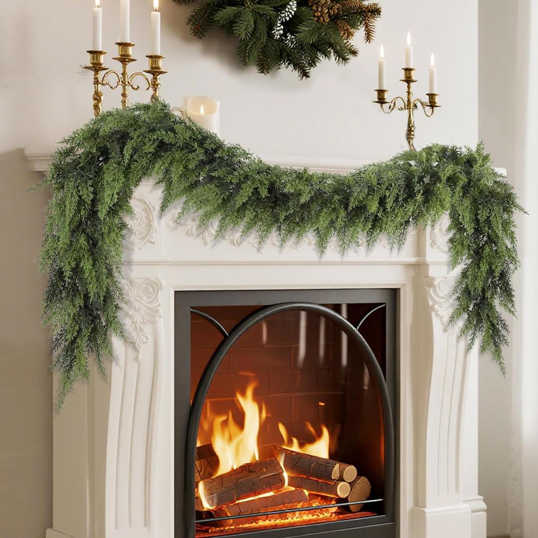 yofit 6FT Garland Christmas Decorations- Artificial Cedar Pine Garlands for Fireplace Mantel, Table, Door Frame, Staircase- Christmas Indoor/Outdoor Holiday Decor