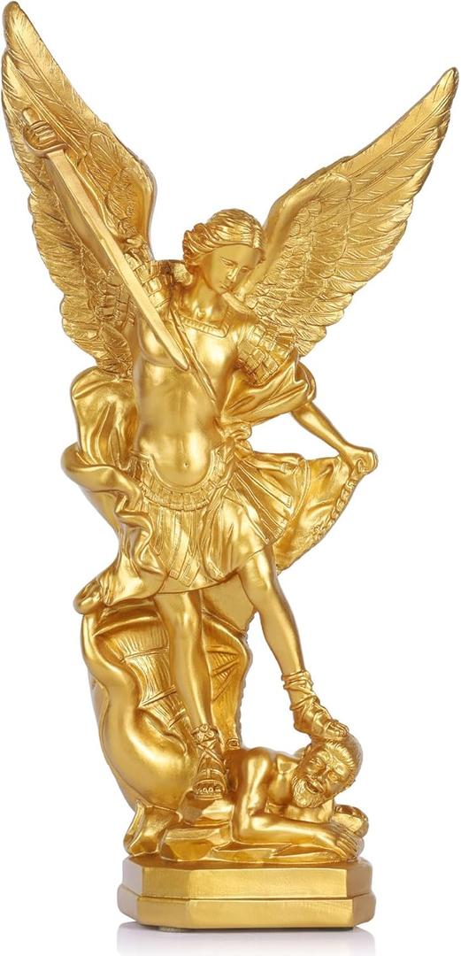 QIANLING 12.5in Gold San Miguel Arcangel Statue, St Michael Statue in Resin, Religion St Michael The Archangel victoriously Over Satan Collection Figurines, Suitable for Collection or Decor