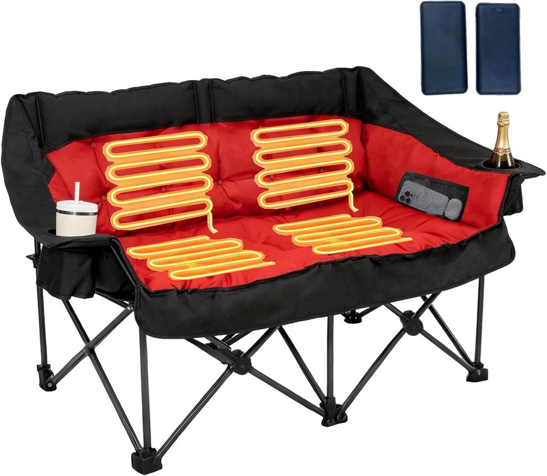 Heated Double Camping Chair with 2 Battery, Padded Camping Couch with 3 Heat Levels and 4 Heating Zones，Oversized Heavy Duty Folding Camp Chairs, Camping Couch for Soccer Games, RV Travel, Beach Days, 45.7 x 22.8 x 35.4 inches